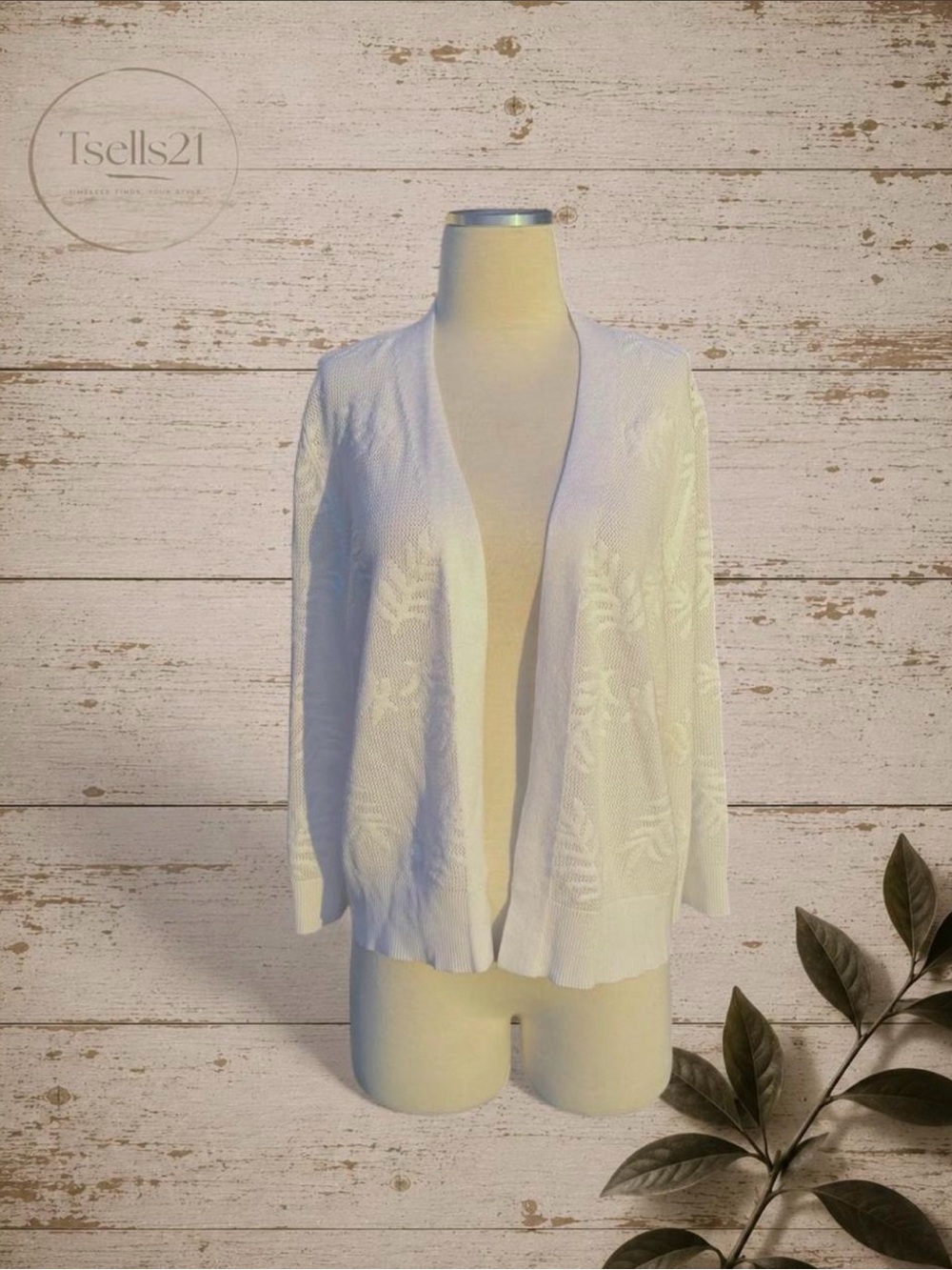 Madison + Hudson White Open Knit Leaf Pattern Cardigan – Size XL
